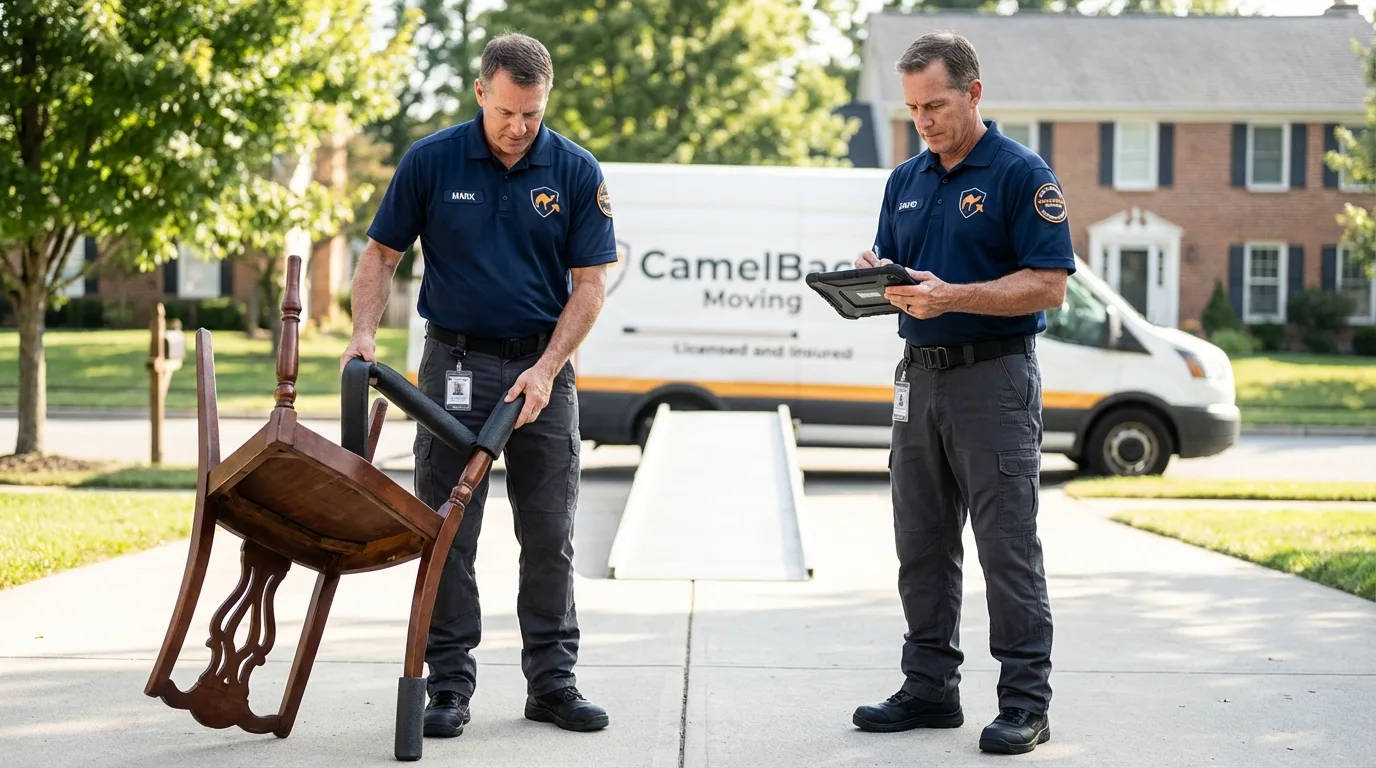 Movers inspecting furniture for damage prevention before loading in Malvern, AR